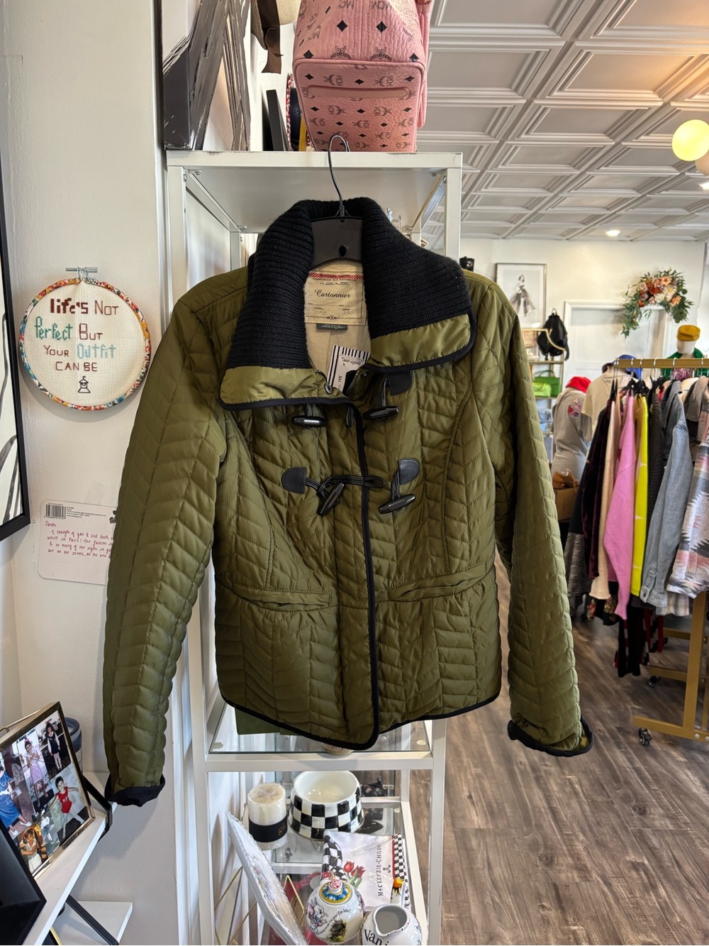 Cartonnier anthropologie Olive Green Quilted Toggle Jacket Black Knit Collar